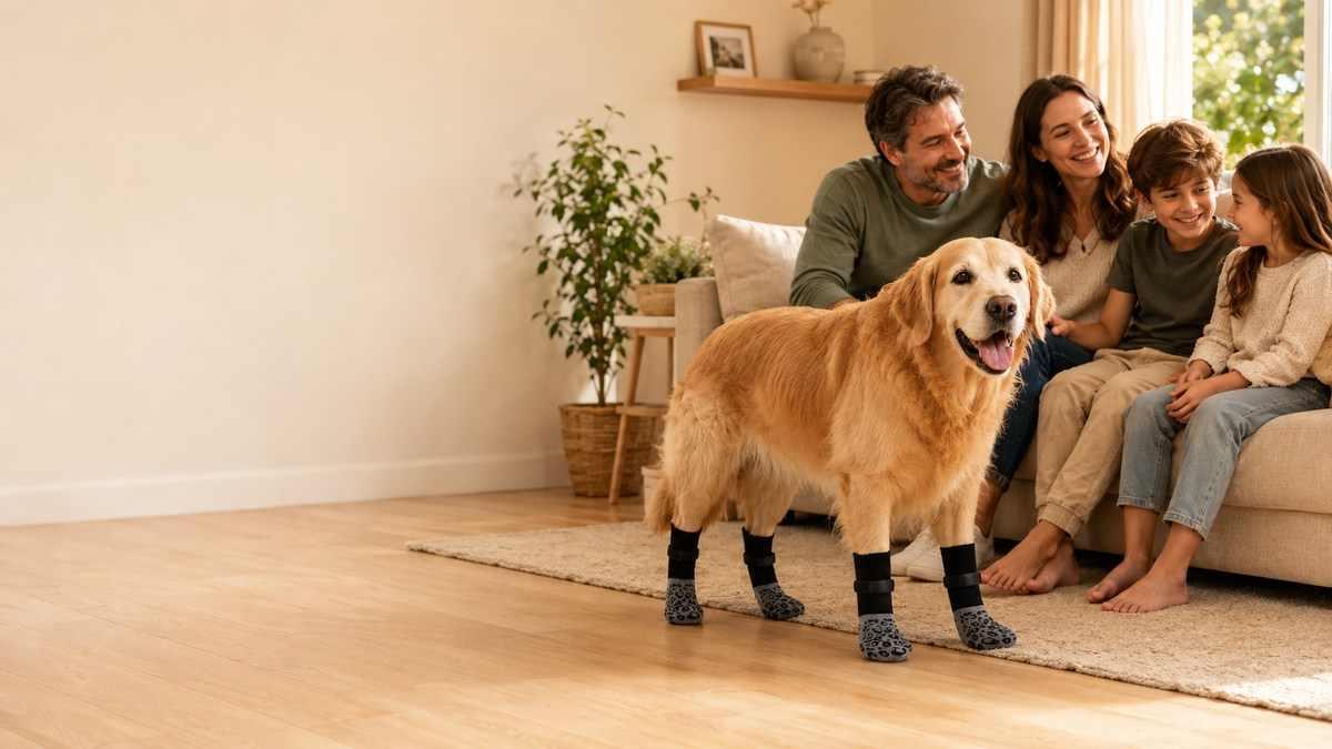 Senior dog moving confidently with family