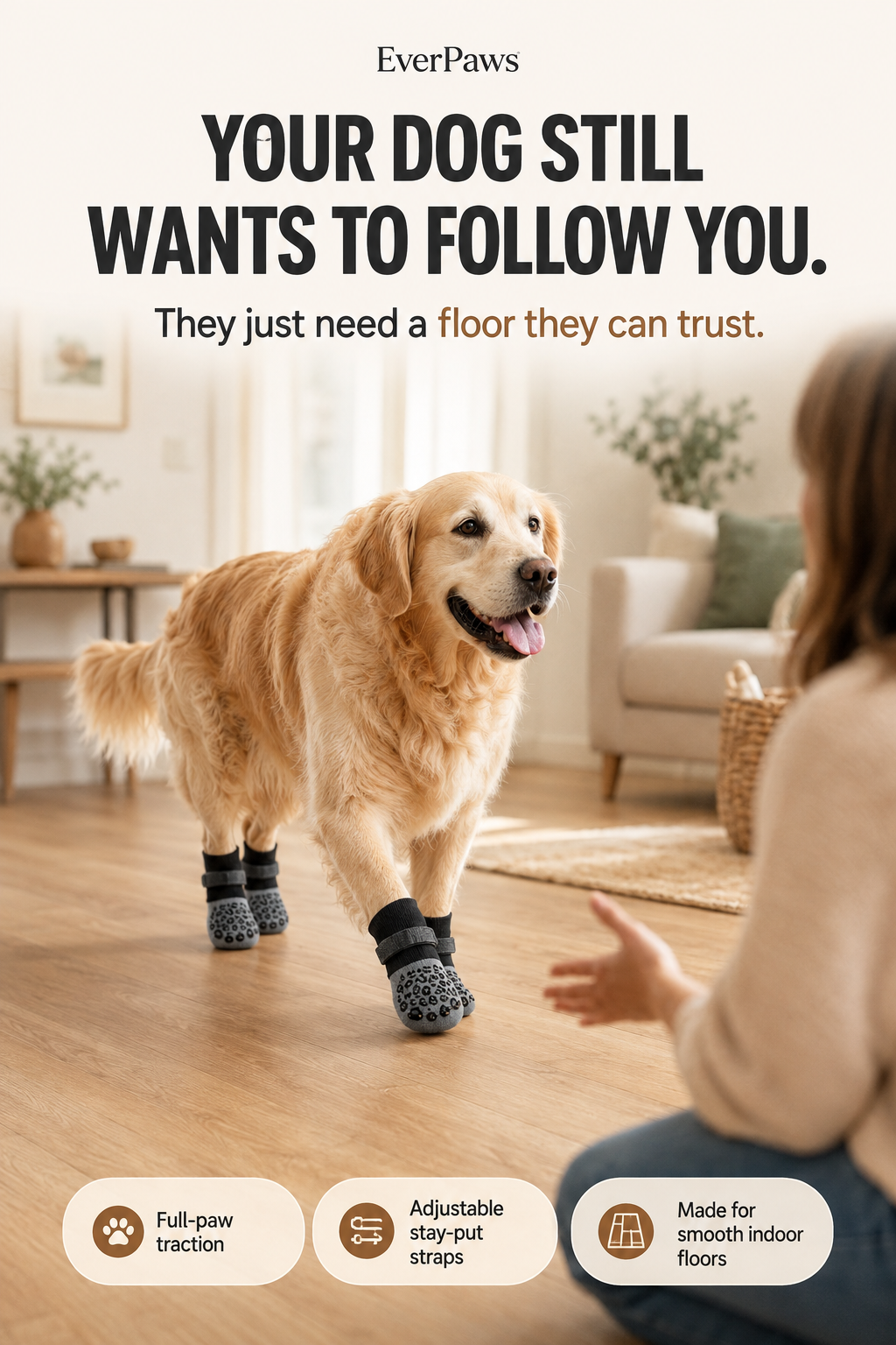 EverPaws SecureStep dog follows owner confidently on hardwood